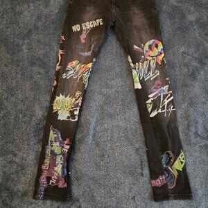 Sugarhill Graphic Print Jeans Dark Blue Wash Pop Art Streetwear Sz 30
